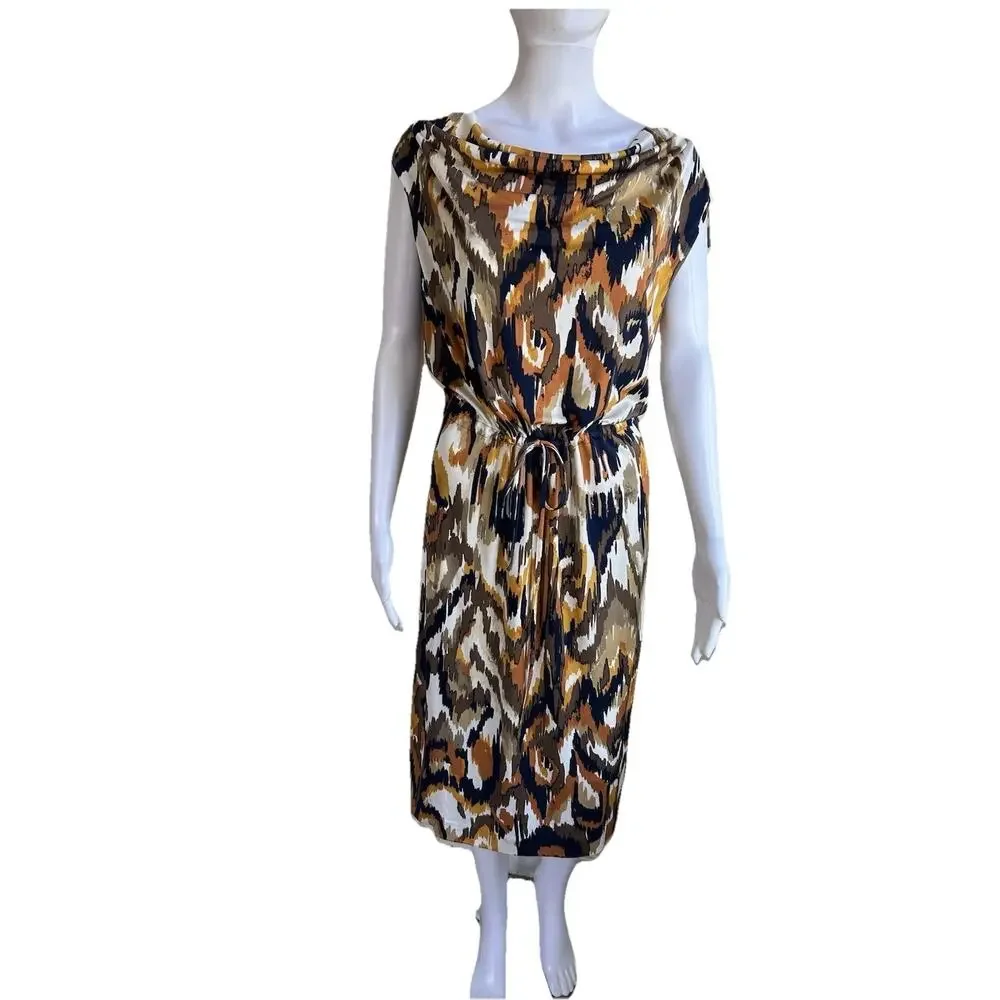 Tory Burch 100% Silk Ikat Print Midi Dress Women M Cowl Neck Tie Waist